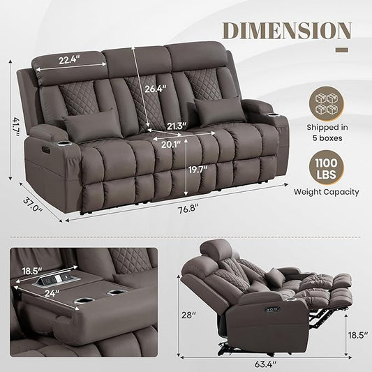 Zero Wall Hugger Power Reclining Sofa with Adjustable Headrest, Electric Reclining Couch with Drop-Down Table,Outlets, Power Loveseat Recliner Sofa for Living Room (PU Brown, 3 Seat) | Cat-Proof Leather