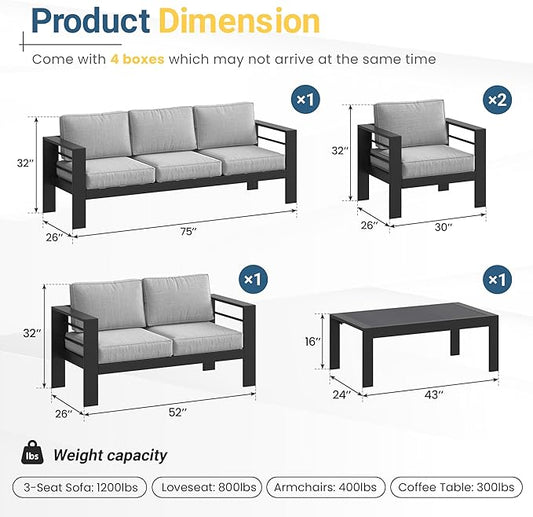 Solaste Aluminum Patio Furniture Set for All Weather, Oversized Metal Outdoor Furniture Set with 27.5" Deep Seating and 3.2" Wide Armrest, Outdoor Patio Conversation Sets with 10" Back Suport Cushion