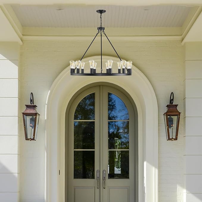 12 Lights Wagon Wheel Chandelier,31.5 inch Black Round Rustic Industrial Vintage Farmhouse Chandeliers for Outdoor Porch High Ceilings Living Dining Room Foyer Entryway