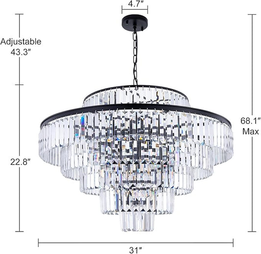 Wellmet Crystal Chandelier, 6-Tier Large Luxury Crystal Chandelier, 31'' Black Crystal Pendant Light for Living Room, Dining Room, Bedroom, Entryway, Hallway, Corridor,