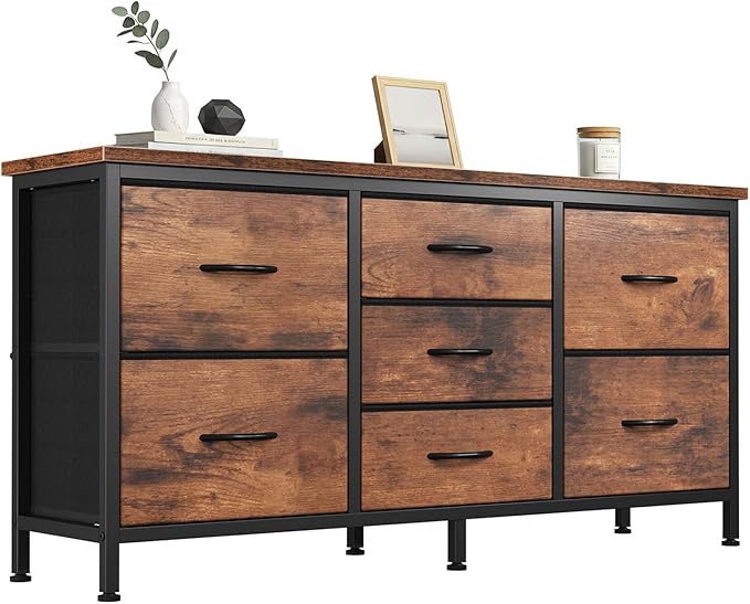 DUMOS TV Stand 7 Drawer Dresser for Bedroom with Storage TV Stands for Living Room Grey, Farmhouse Entertainment Center Media Console Table with Metal Frame Adjustable Feet