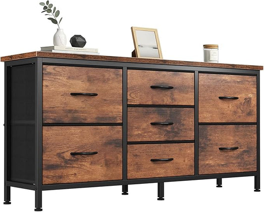 DUMOS TV Stand 7 Drawer Dresser for Bedroom with Storage TV Stands for Living Room Grey, Farmhouse Entertainment Center Media Console Table with Metal Frame Adjustable Feet
