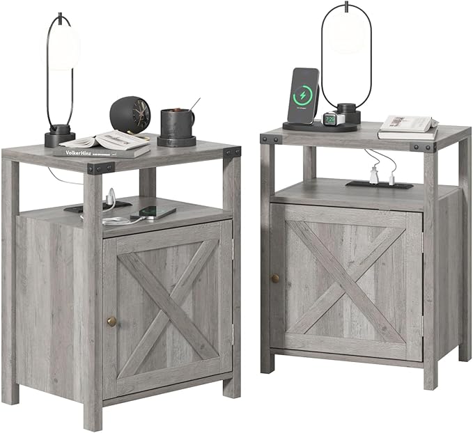 Fameill Nightstands Set of 2, Night Stand with Charging Station, Bed Side Table with Storage Cabinet, Farmhouse End Table for Living Room with USB Ports and Outlets, Gray