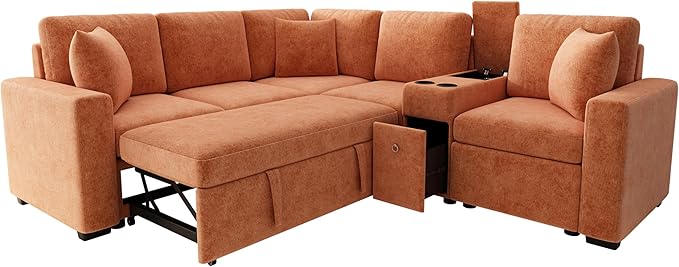 ERYE 120.5-Inch Oversized Sleeper Sectional Sofa W/Pull Out Sleeper Couch Bed, Modern Chenille Upholstered Reversible Modular Sectional Sleeper Sofa with Console & Cupholders | Storage