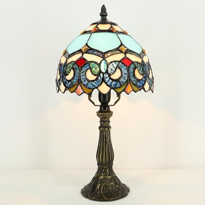 Small Tiffany Lamp Mini Accent Table Lamp Stained Glass Desk Memory Lamp Sympathy 8X14.5 Inch (Sapphire Style)