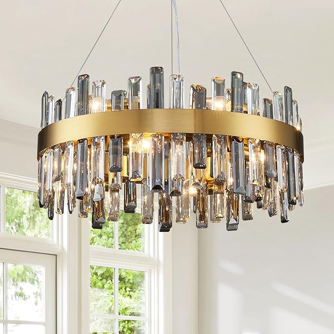 Siljoy Modern Crystal Chandeliers, 12 Lights Brass Gold Raindrop Crystal Chandelier Lighting, Adjustable Hanging Pendant Light Fixture for Dining Room Living Room Kitchen Island D23.6''