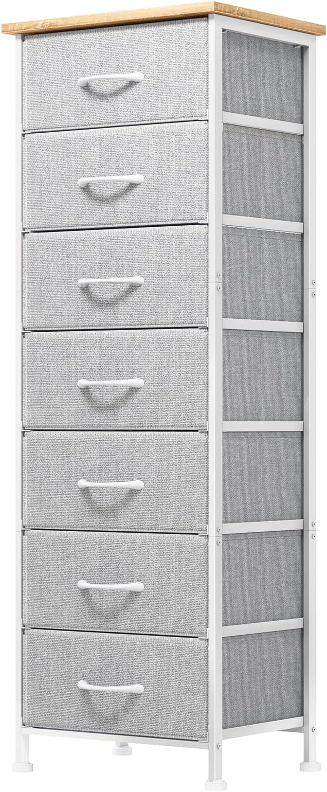 Fixwal Tall Dresser for Bedroom, Storage Dresser Organizer with 7 Fabric Drawers, Nightstand Furniture in Closet, Entryway, Hallway, Light Grey