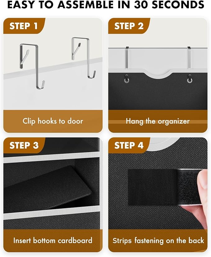 Over The Door Organizer Hanging - 6 Shelf Over Door Organizer with 6 Clear Front & 12 Side Pockets - 50LB Load Behind Storage for Closet Bedroom Bathroom Nursery Baby Essentials(Black)