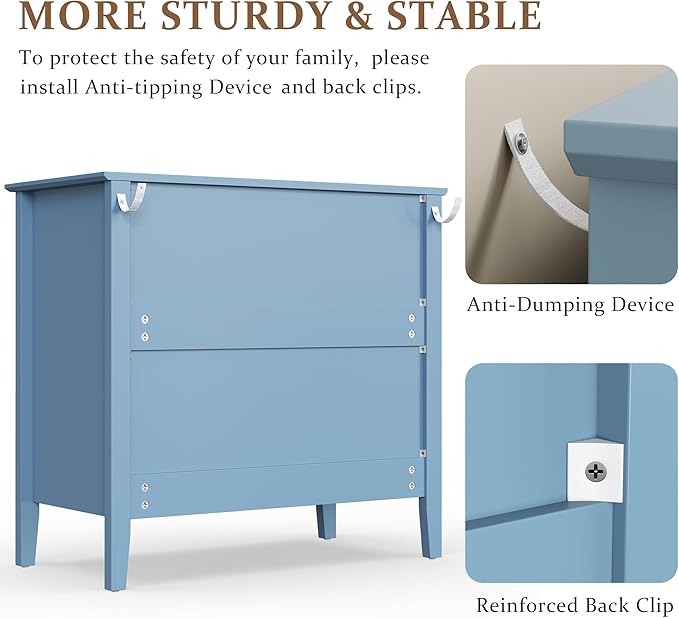 RoyalCraft Fluted 3 Drawer Dresser Set of 2, 32'' Wide Dresser Nightstand for Bedroom, Modern Wood Chest of Drawers, Large Painted Nightstand with 3 Drawers for Closet, Hallway, Entryway, Light Blue
