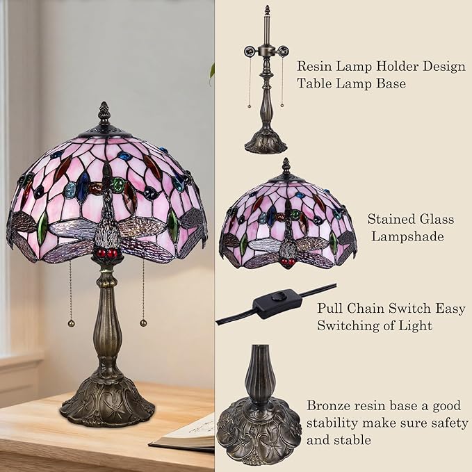 Tiffany Table Lamp, Pink Dragonfly Stained Glass Lamp,12 Inch Tiffany Style Lamp for Bedroom Living Room Home, Handcrafted Light, Included Bulb