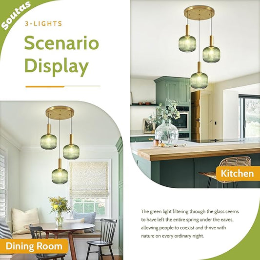 Stairwell Chandelier Green Glass Pendant Lights Kitchen Island Stripe Glass Shade Gold Dining Room Light Fixtures Mid Century 3-Light Cluster Long Chandelier for Farmhouse