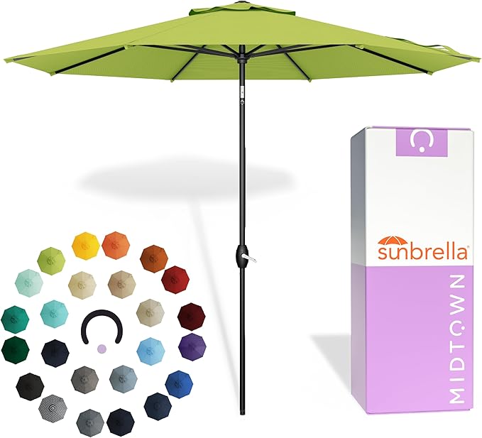 Midtown Umbrellas - The Lean 9 Ft Patio Umbrella with Fade-Resistant Sunbrella Fabric, Auto-Tilt Aluminum Frame and 8 Reinforced Ribs for Deck, Pool & Garden - Macaw Canopy, Black Pole