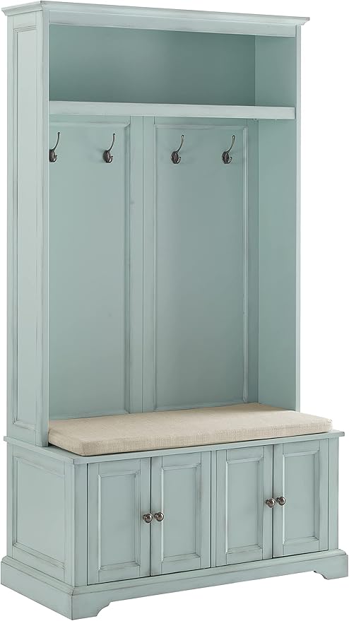Crosley Furniture Holbrook Hall Tree with Shoe Rack Bench and Coat Hooks for Hanging Storage, Distressed Seafoam Blue