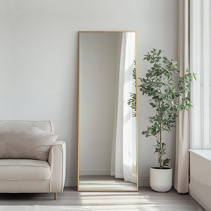 Gold Full Length Mirror, Standing Mirror Full Length with Aluminum Metal Frame, Body Mirrors for Bedroom, Living Room, Yoga Room, Gym. (56x18 inch, Gold)
