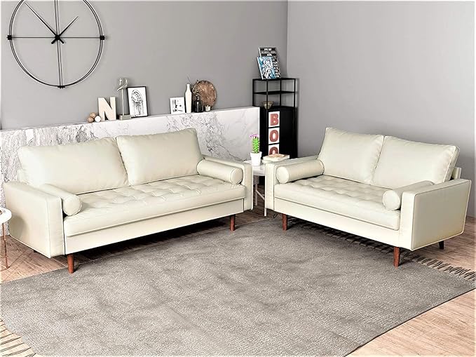 Container Furniture Direct Womble Mid Century Modern Couch with Bolster Pillows, PU Leather Upholstered Tufted Seat, Versatile Retro Design for Comfortable Living Spaces, Sofa, White