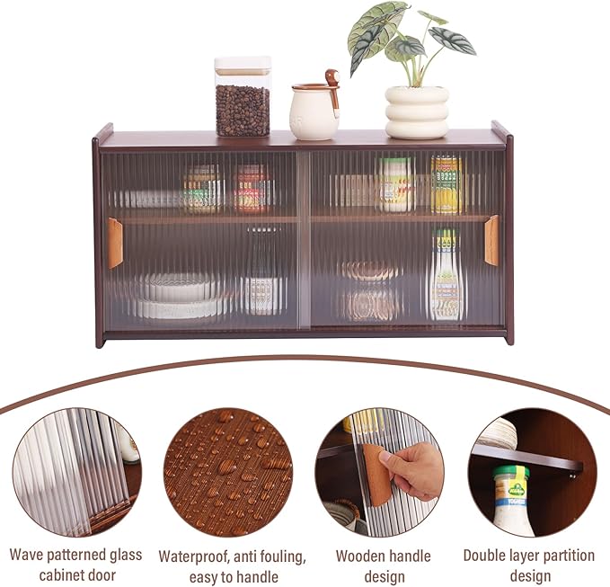 Tiita Small Kitchen Pantry Cabinet, Bamboo Wall Sideboard with Glass Doors, Cupboard Food Pantry Cabinet for Kitchen, Living Room and Dinning Bedroom