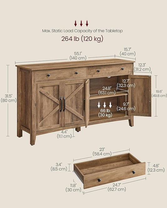 VASAGLE LIRY Collection - Buffet Cabinet, Coffee Bar Cabinet with 2 Drawers, Adjustable Shelves, Sideboard Storage with Cable Holes, Drawer Dividers, Honey Brown UBBK381K01
