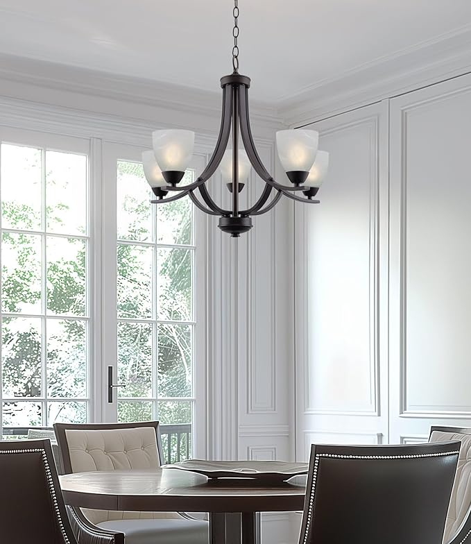 Kira Home Weston 24" Contemporary 5-Light Large Chandelier + Alabaster Glass Shades, Adjustable Chain, Oil Rubbed Bronze Finish