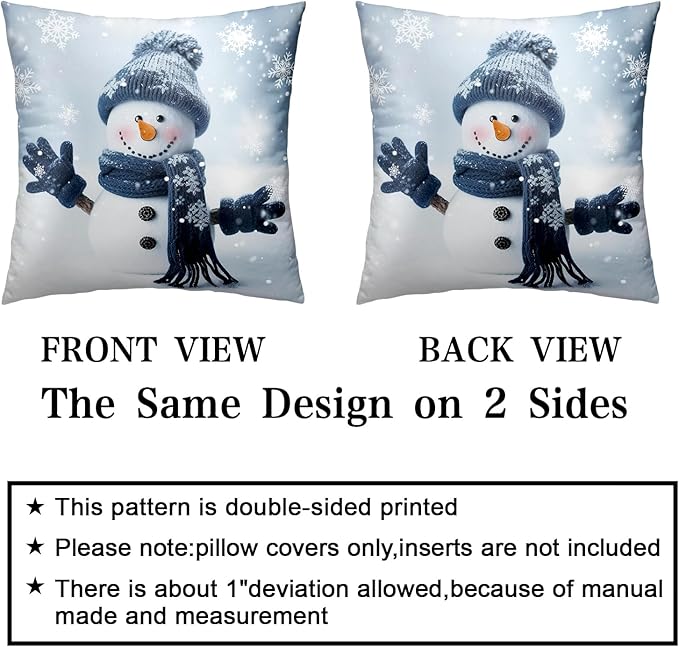 Winter Snowman Pillow Covers 18x18 Set of 2 Winter Decorating Throw Pillows Cover Snowflake Decorative Christmas Pillows Cases Double Sided for Living Room Couch Home Decor