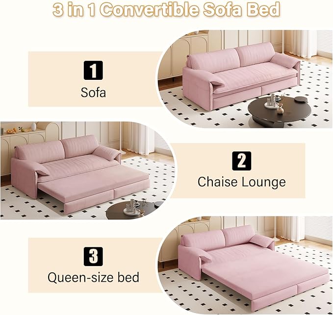 Eafurn 66" Convertible Sofa Bed Queen Size, 3-in-1 Pull Out Sleeper Couch Sofabed, Modern Velvet Loveseat Chaise Lounge w/Side Storage Pocket for Living Room Office | Removable Cushions
