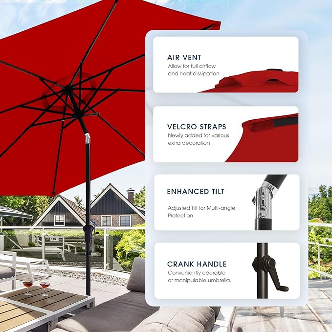 wikiwiki 10FT Patio Umbrella with Base, Outdoor Umbrellas with Base Included, 8 Sturdy Ribs, Waterproof Fade Resistant POLYESTER DTY Canopy for Deck, Lawn, Garden, Backyard & Pool, Red