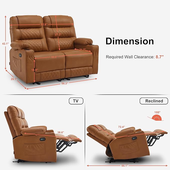 MCombo 56.3" Zero Gravity Power Loveseat Recliner with Heat and Vibration Massage, Reclining Loveseat Sofa with USB Ports, Cup Holders for Living Room, Faux Leather PR622Sets (Saddle)