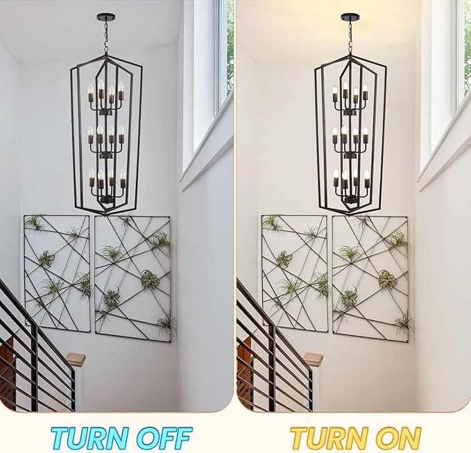 WJShome Modern Black Chandelier, 12-Light Tiered Pendant Light Fixtures, Long Chandeliers for High Ceilings, Farmhouse Foyer Lighting Fixtures, for Living Room, Staircase, Entryway