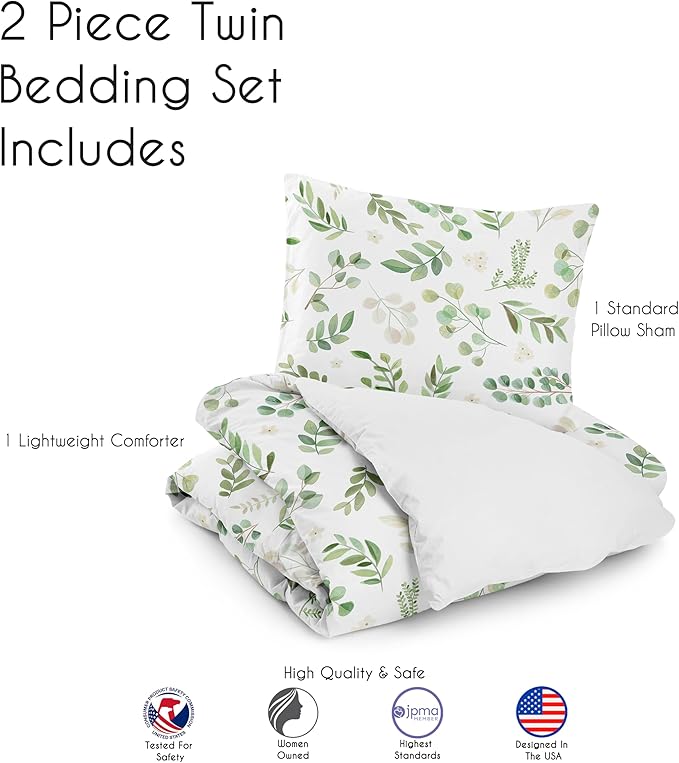 Sweet Jojo Designs 2-Piece Twin Comforter Set (Green Floral Leaf) for Girls/Boys, Teen, Kids Bedding, Bed in a Bag incl. Blanket & Pillow Sham (Boho, Watercolor Botanical, Woodland, Tropical, Garden)