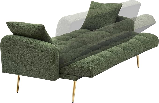 Eafurn Padded Convertible Futon Sofa Bed, Teddy Fleece Fabric Futons Loveseat Couch with Adjustable Backrest, Folding Sleeper Recliner Sofabed for Living Room Furniture | Golden Legs, Wood Frame