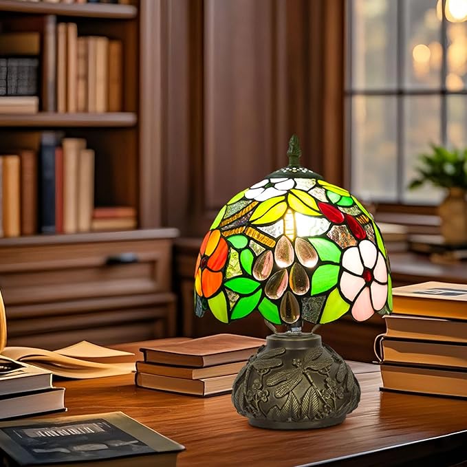 Small Tiffany Table Lamp,Stained Glass Lamp,8 Inch Mushroom Style Mini Vintage Desk Lights for Bedside, Bedroom,Nightstand,Living Room,3 Color Temperature (Grape)