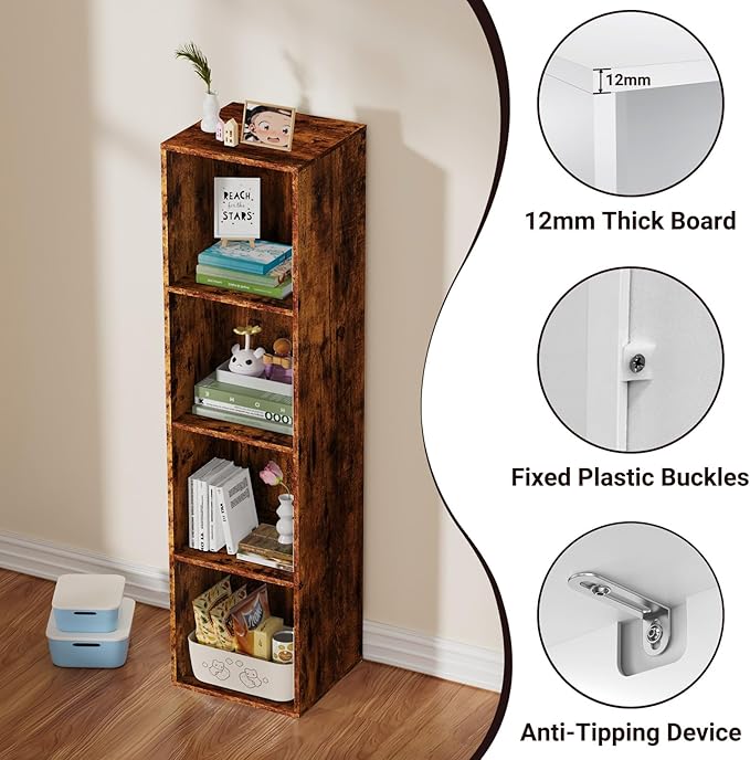 4 Tier Bookshelf, Freestanding Corner Storage Shelve Book Case for Narrow Space, 4 Cube Storage Organizer Small Bookcase for Home Office Living Room (Retro Brown, 4 Cube)