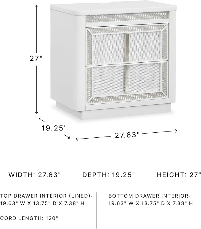 Signature Design by Ashley Chalanna Glam 2 Drawer Nightstand with Felt-Lined Top Drawer, LED Lights, Power Supply and USB Ports, 26.75" Tall, White