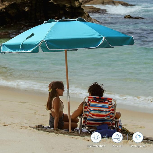 AMMSUN 7.5ft Heavy Duty HIGH Wind Beach Umbrella Commercial Grade Patio Beach Umbrella with Air Vent Ash Wood Pole & Carry Bag UPF 50+ Protection Lake Blue
