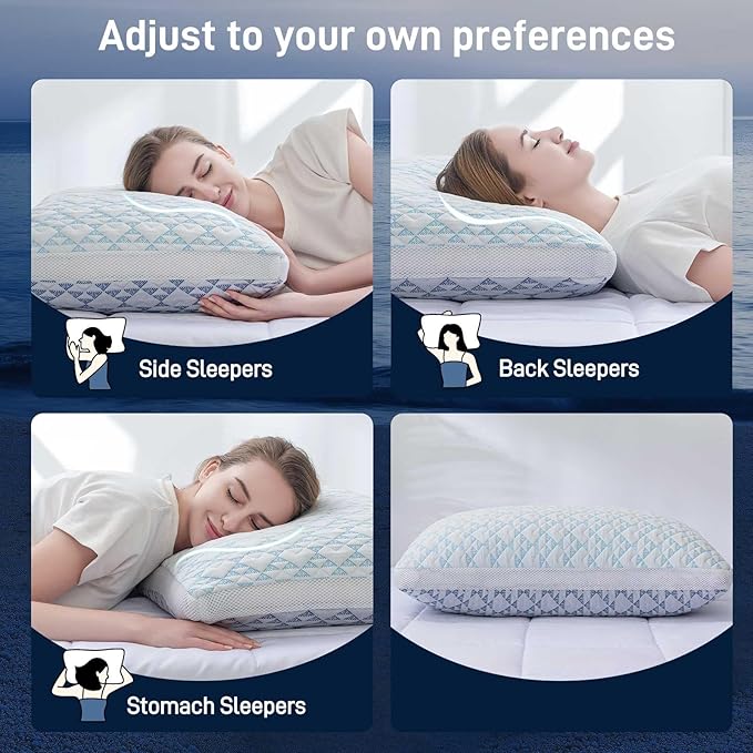 Lyralith Shredded Memory Foam Cooling Soft Bamboo Viscose Pillows Queen Size Set of 2, Adjustable Hypoallergenic Hotel Quality Bed Pillows for Back, Stomach and Side Sleeper, Oeko-TEX Certified