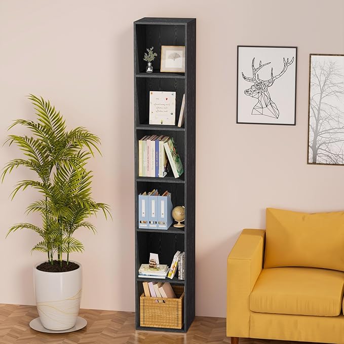 6 Tier Bookshelf, Open Tall Narrow Floor Standing Bookcase, Storage Organizer Bookshelves Freestanding Book Shelf for Living Room, Bedroom, Home Office (Black, 6 Cube)