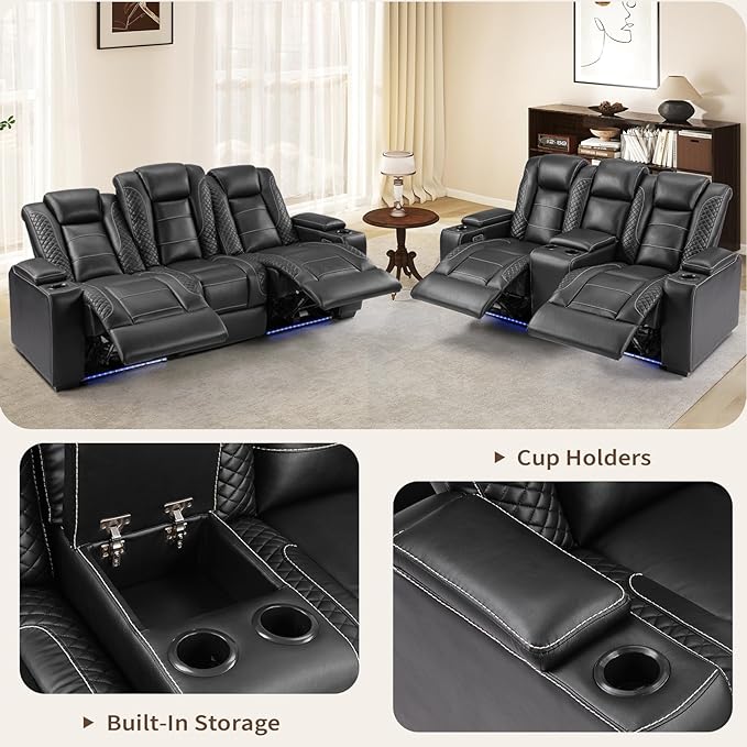 ANJ Modular Power Recliner Set: 5-Seat Home Theater Seating,3 Seat Recline Sofa and Loveseat (Center Console & Fixed Middle), LED Lights, USB Charging, Faux Leather for Living Room (Black)