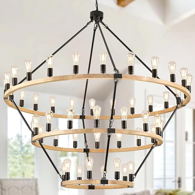 48 Lights 3 Tier Extra Large Wooden Wagon Wheel Chandelier Natural Farmhouse 63'' High Ceiling Black Rustic Round Wood Pendant Light Fixture for Living Room Foyer Villa Staircases