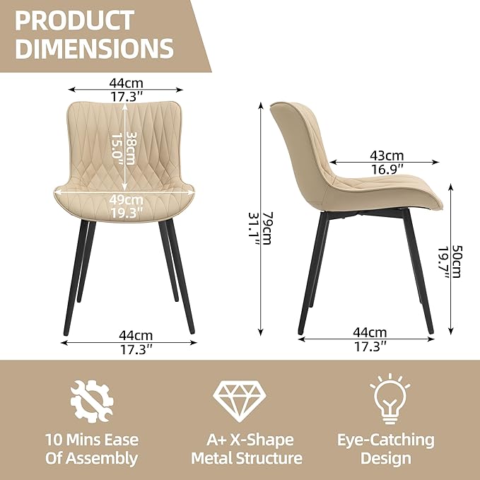 Finnhomy Dining Chairs Set of 2, Mid-Century Modern Upholstered Dining Chairs, Armless Faux Leather Accent Chairs with Backrest, Living Dining Room Chairs with Metal Legs for Dining Room, Khaki