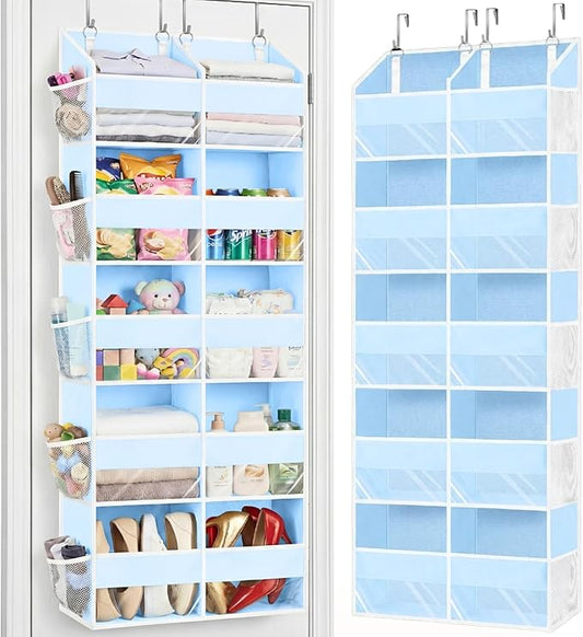 Blue Over the Door Organizer 5 Tiers, Extra Large Behind Door Storage of 10 Compartments, 80 lbs Weight Capacity Hanging Storage Organizer with Clear Window Kids Toys, Shoes, Diapers, Room storage