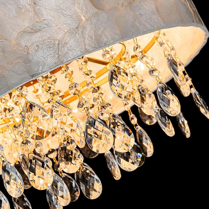 4-Light Drum Capiz Shell Crystal Chandeliers, Coastal Style Pendant Light Fixture for Dining Room, Living Room, D18 x 21~68"(Adjustable), Shell Lampshade & Gold Finish