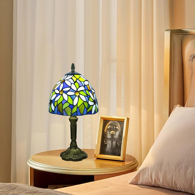 Crefotu Tiffany Style Table Lamp, 3 Color Temperatures Bedside Lamp, 8 Inch Stained Glass Desk Light for Home Office Bedroom Living Room (White Petal Pattern)