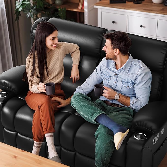 Loveseat Recliner Sofa Set with 2+1 Pieces, 2 Seater Minimalist Style Manual Pull Tab Reclining Loveseat with USB Charge Ports, Cup Holders, Recliner Couches for Living Room, RV, Black