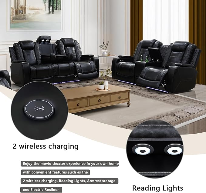 A Ainehome Power Leather Recliner Sofa Set with LED Lights, Recliner Sofa Sectional Couches for Living Room, Reclining Sofa and loveseat, USB Port/Storage Console/Cup Holder(Black,Sofa+loveseat)