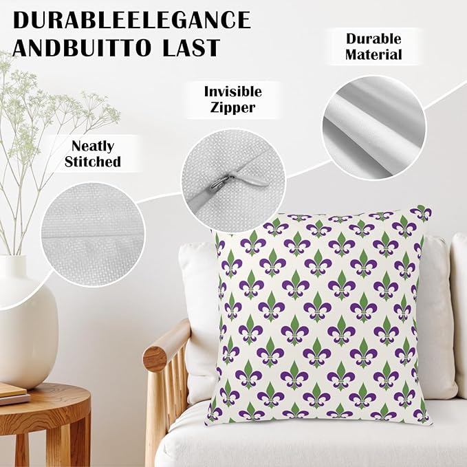 Mardi Gras Throw Pillow Covers 18x18 Set of 2 Purple Green Fleur De Lis Pillow Cases Outdoor Holiday Decorative Pillow Covers Home Sofa Couch Porch Decor