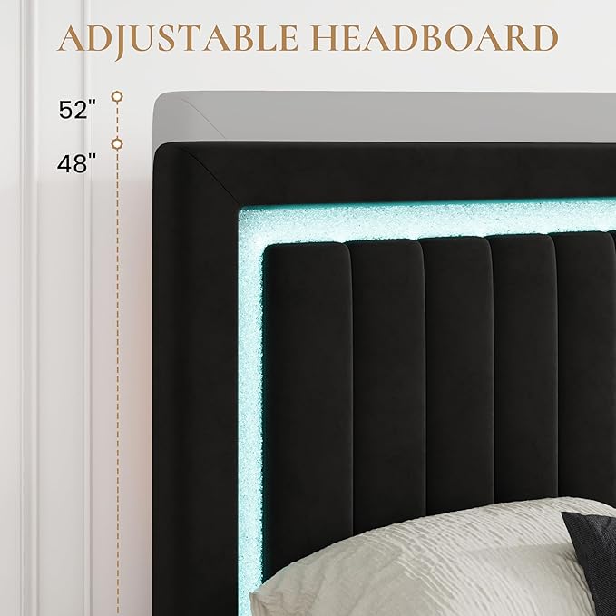 SHA CERLIN King Size Velvet Bed Frame with LED Light, Adjustable Vertical Channel Tufted Headboard, Strong Wooden Slats Support, Noise-Free, No Box Spring Needed, Black