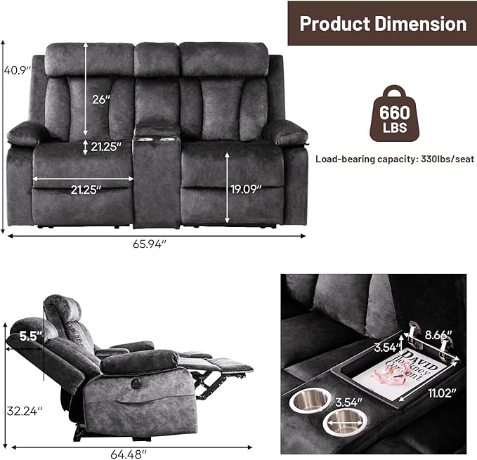 Power Reclining Loveseat with Console, Electric Double Recliner with USB/Type C/Side Pocket/Cup Holders, RV Recliners Wall Hugger Reclining Loveseat for Living Room & RV & Home Theater