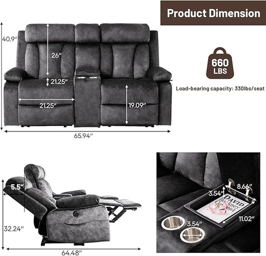 Power Reclining Loveseat with Console, Electric Double Recliner with USB/Type C/Side Pocket/Cup Holders, RV Recliners Wall Hugger Reclining Loveseat for Living Room & RV & Home Theater