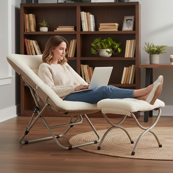 Tiita Folded Chair with Ottoman, Soft Faux Fur Oversized Folding Accent Chair,Lazy Chair, Metal Frame Moon Chair for Bedroom, Living Room, Dorm Rooms, Garden and Courtyard