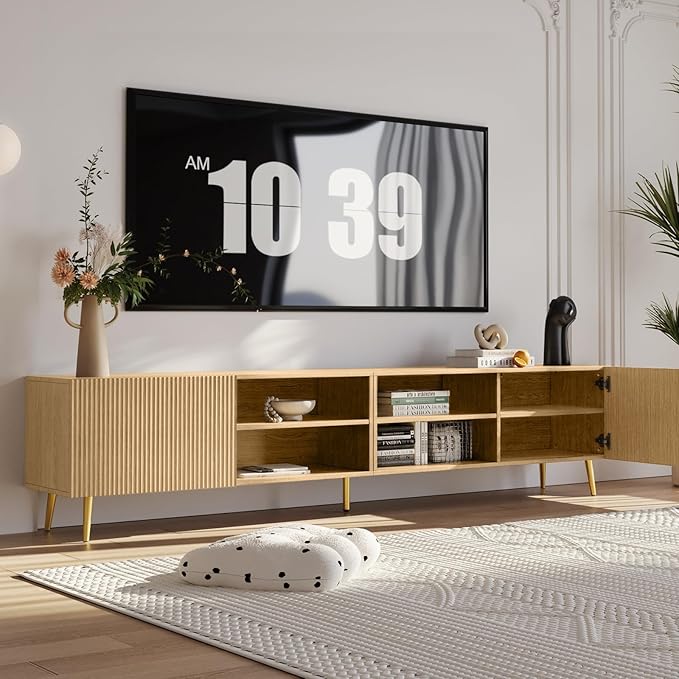 Modern 86in TV Stand for Living Room, Fluted Design Entertainment Center with Adjustable Shelves,Media TV Console Table with Storage for Bedroom,Nature