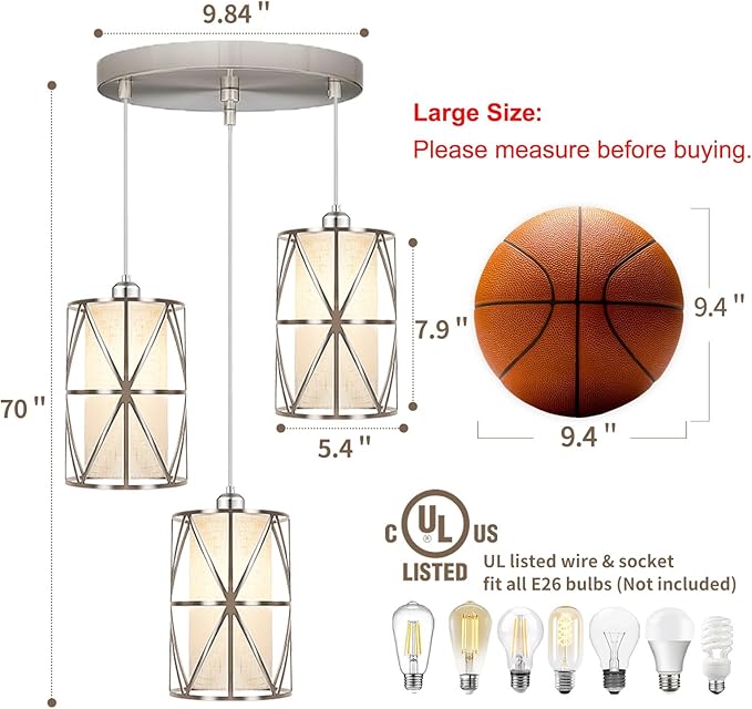 Brushed Nickel 3 Light Chandelier, Adjustable Height Pendant Lights Kitchen Island, Modern Dining Room Light Fixture with Linen Shade, Kitchen Light fixtures for Dining Room, Bathroom